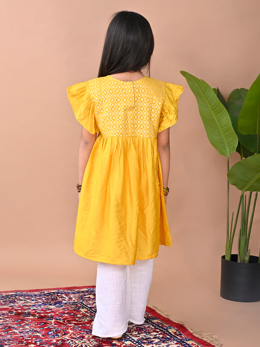 Yellow cap sleeves jacquard Kurti with white pant