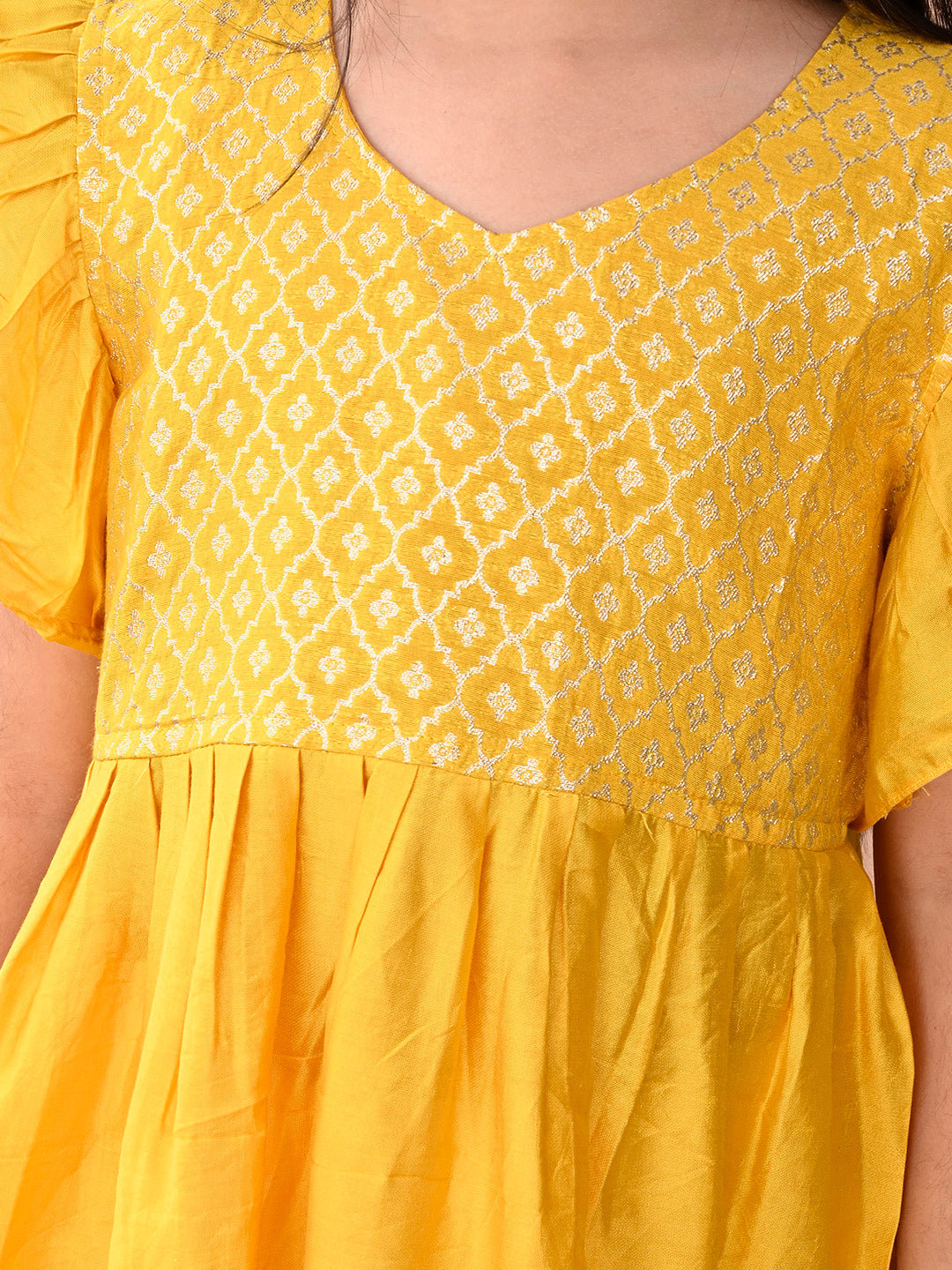 Yellow cap sleeves jacquard Kurti with white pant