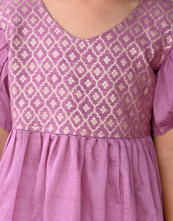 Purple cap sleeves jacquard Kurti with white pant