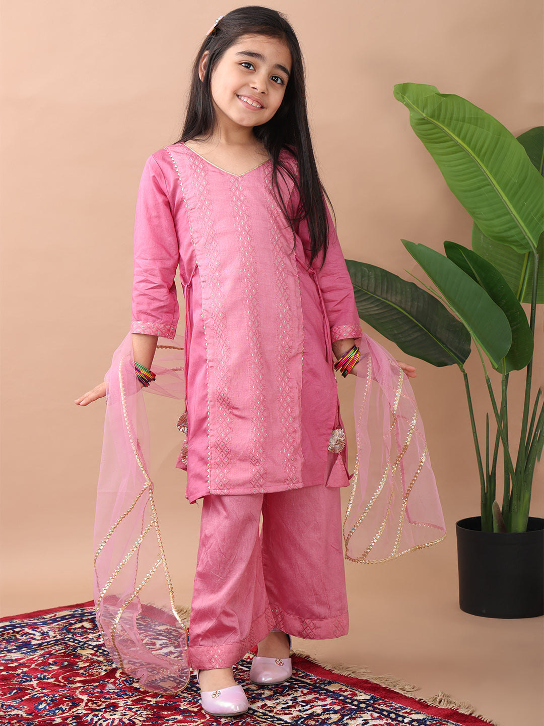 Pink  Embroidereed Kurti With Pant And Dupatta