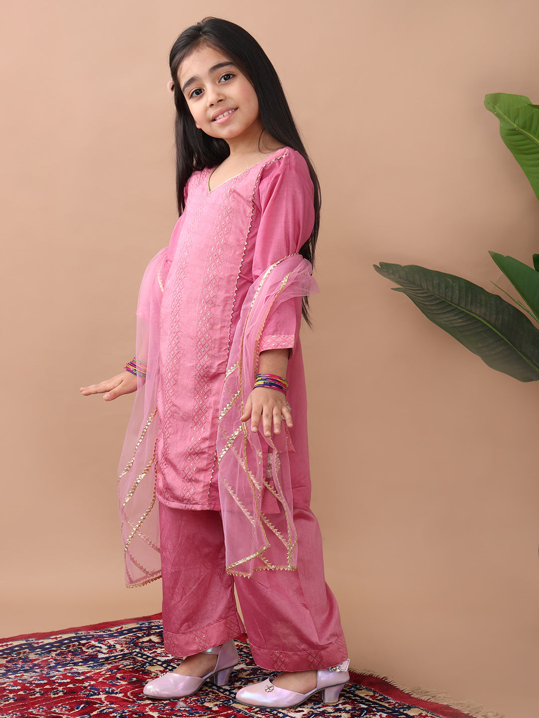 Pink  Embroidereed Kurti With Pant And Dupatta