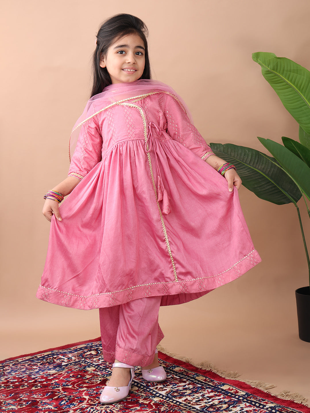 Pink Embroidereed Angrakha Kurti With Pant And Dupatta