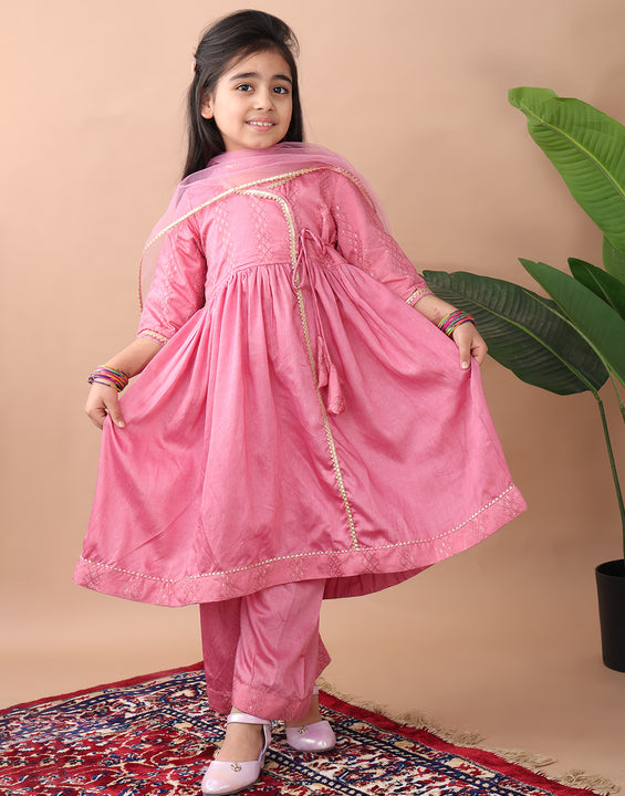 Pink Embroidereed Angrakha Kurti With Pant And Dupatta