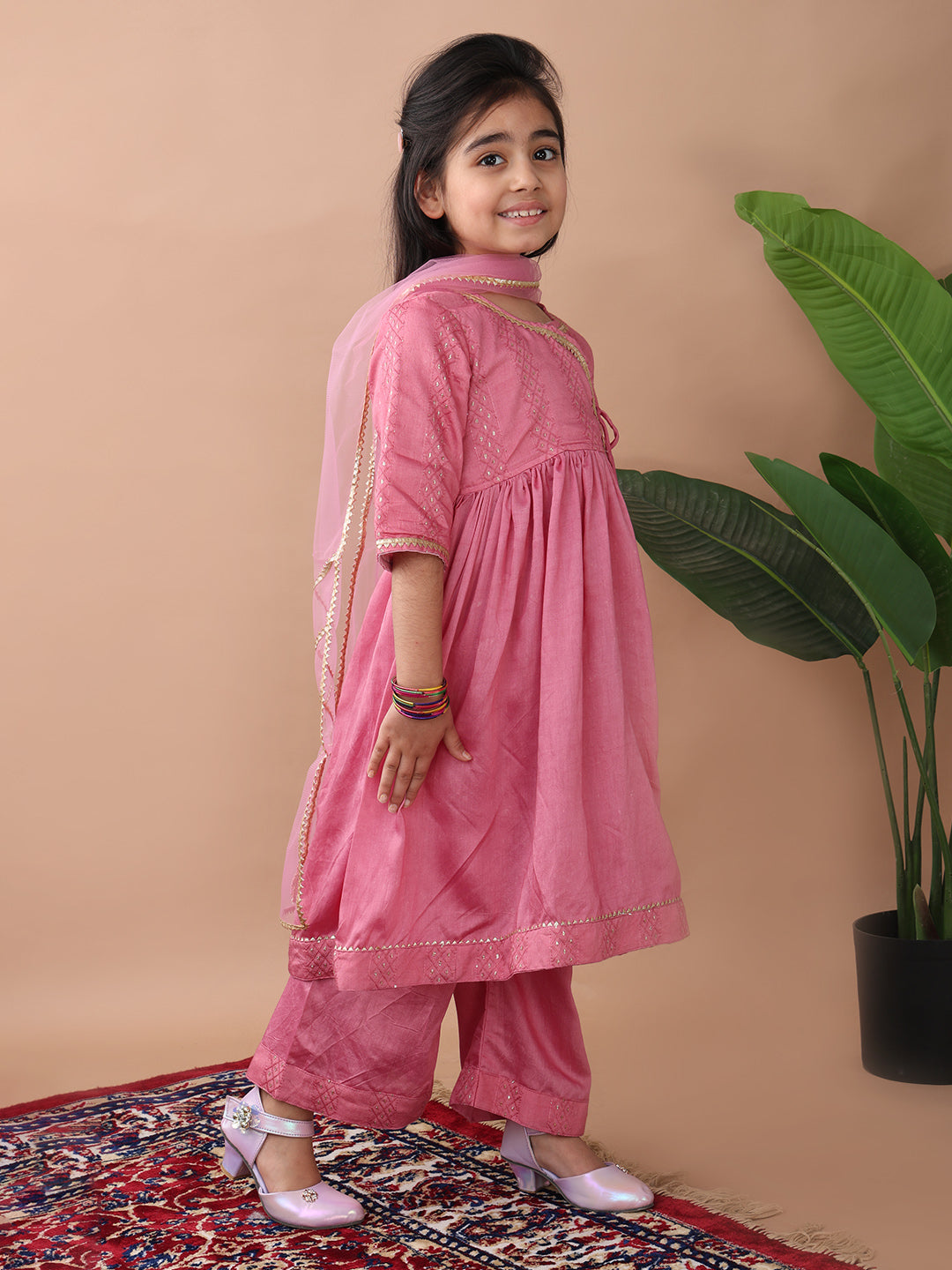 Pink Embroidereed Angrakha Kurti With Pant And Dupatta