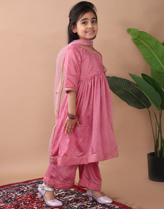 Pink Embroidereed Angrakha Kurti With Pant And Dupatta