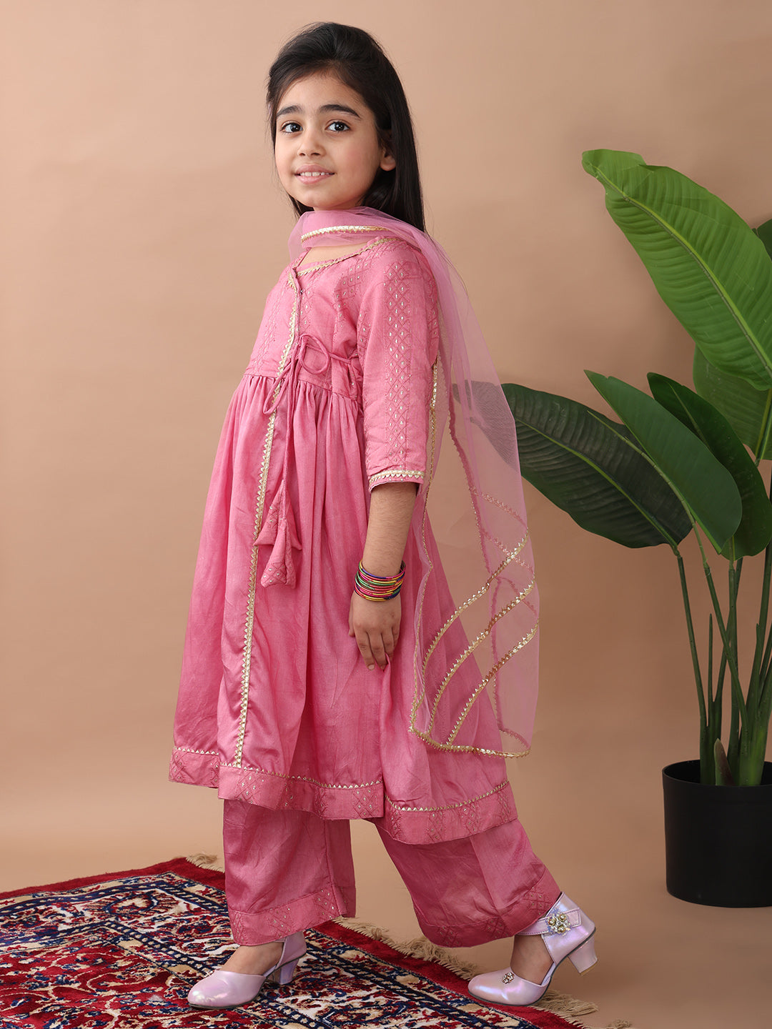 Pink Embroidereed Angrakha Kurti With Pant And Dupatta