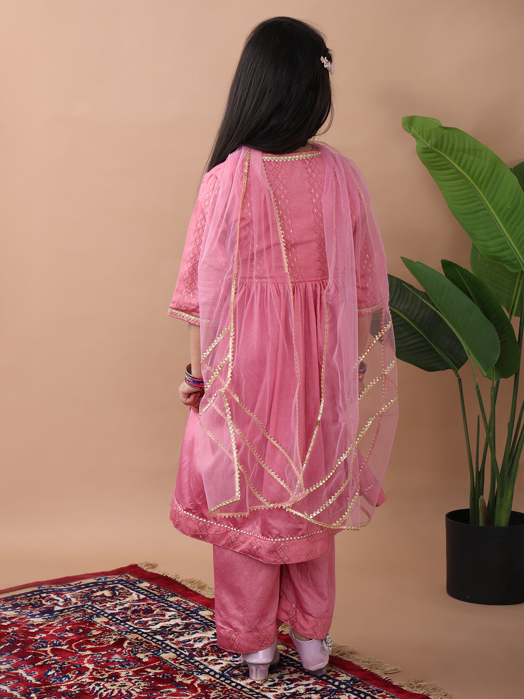 Pink Embroidereed Angrakha Kurti With Pant And Dupatta