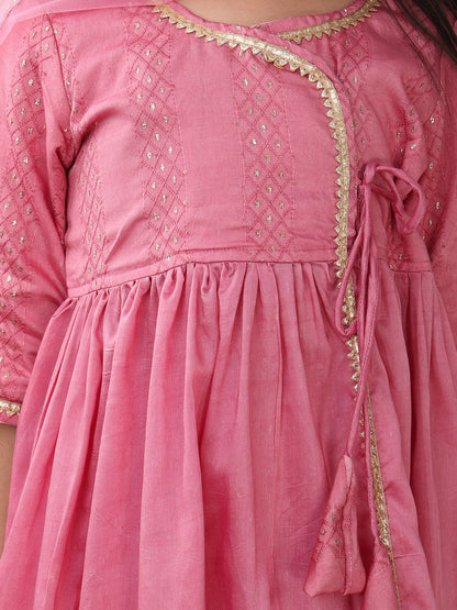 Pink Embroidereed Angrakha Kurti With Pant And Dupatta