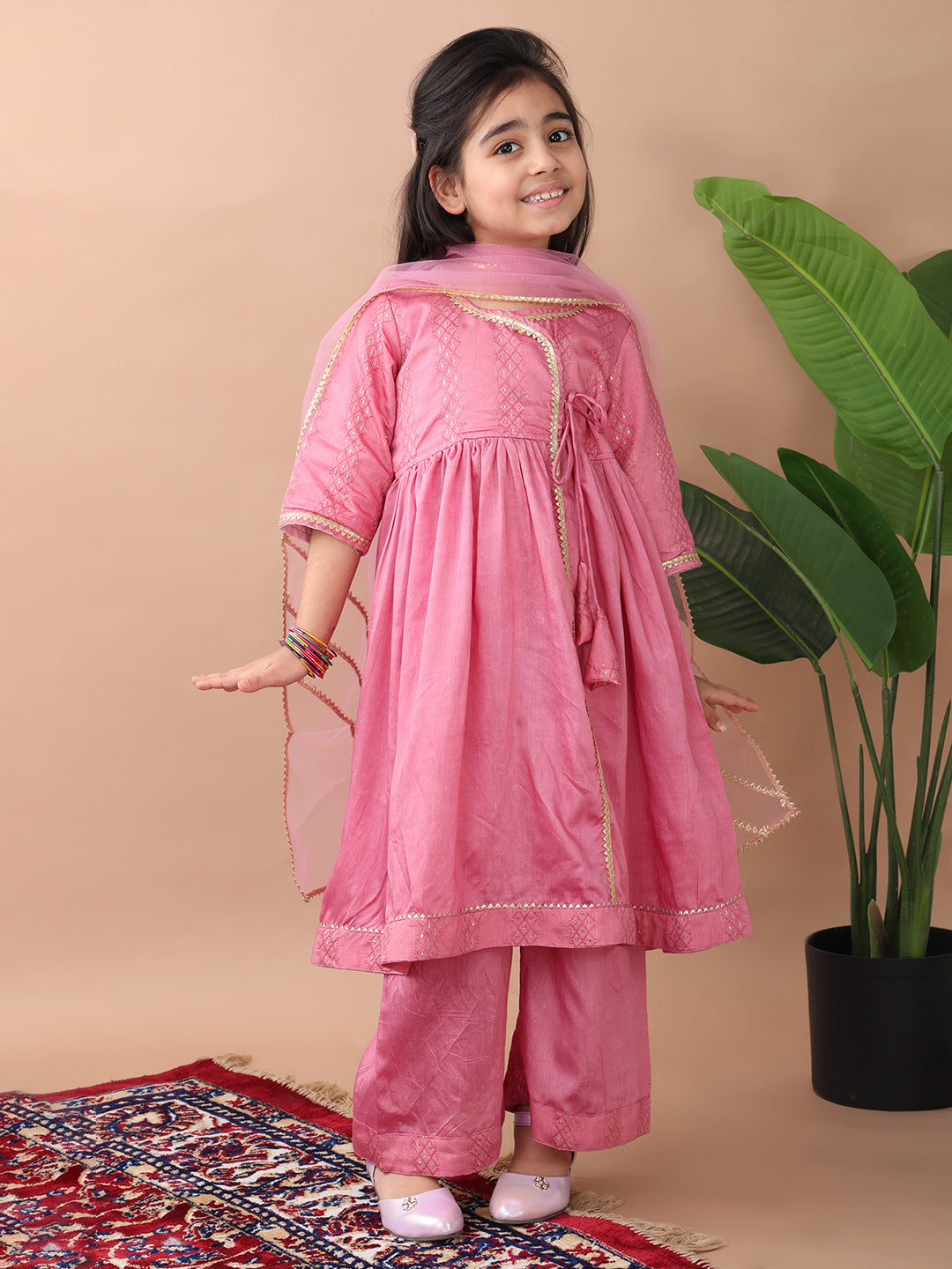 Pink Embroidereed Angrakha Kurti With Pant And Dupatta