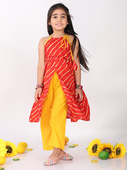 Red sleeveless lehriya Kurti with yellow pant