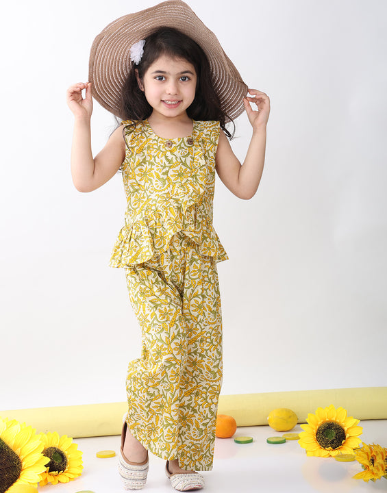 Yellow sleeveless floral printed top and pant