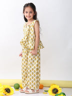 Yellow sleeveless butti printed top and pant