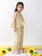 Yellow sleeveless butti printed top and pant