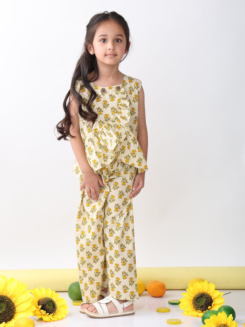 Yellow sleeveless butti printed top and pant