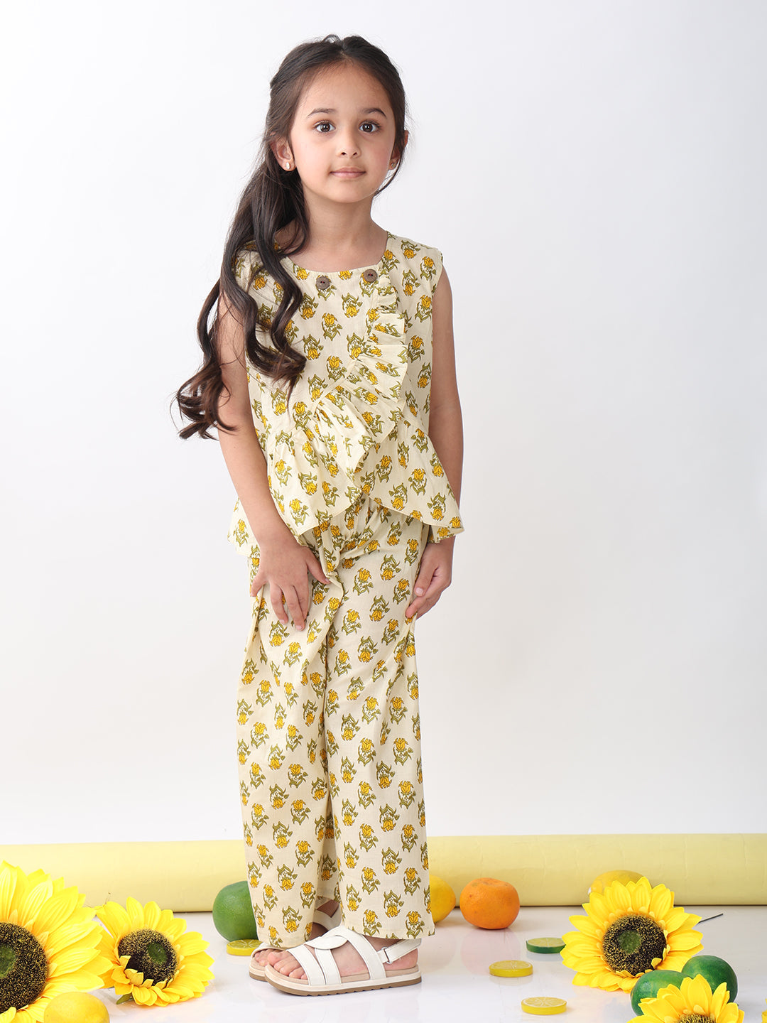 Yellow sleeveless butti printed top and pant