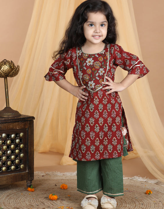 Red & Green Floral Cotton Kurti Set