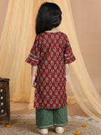 Red & Green Floral Cotton Kurti Set