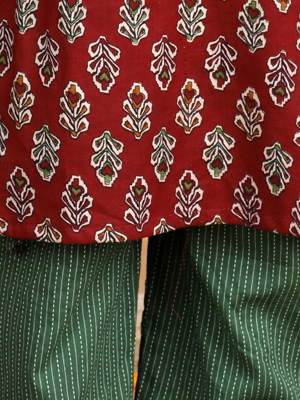 Red & Green Floral Cotton Kurti Set