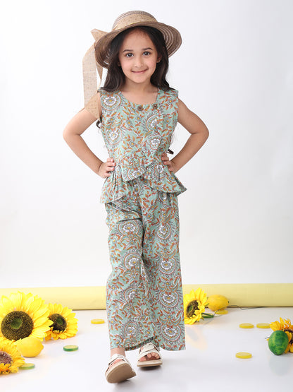 Green sleeveless floral jaal printed top and pant