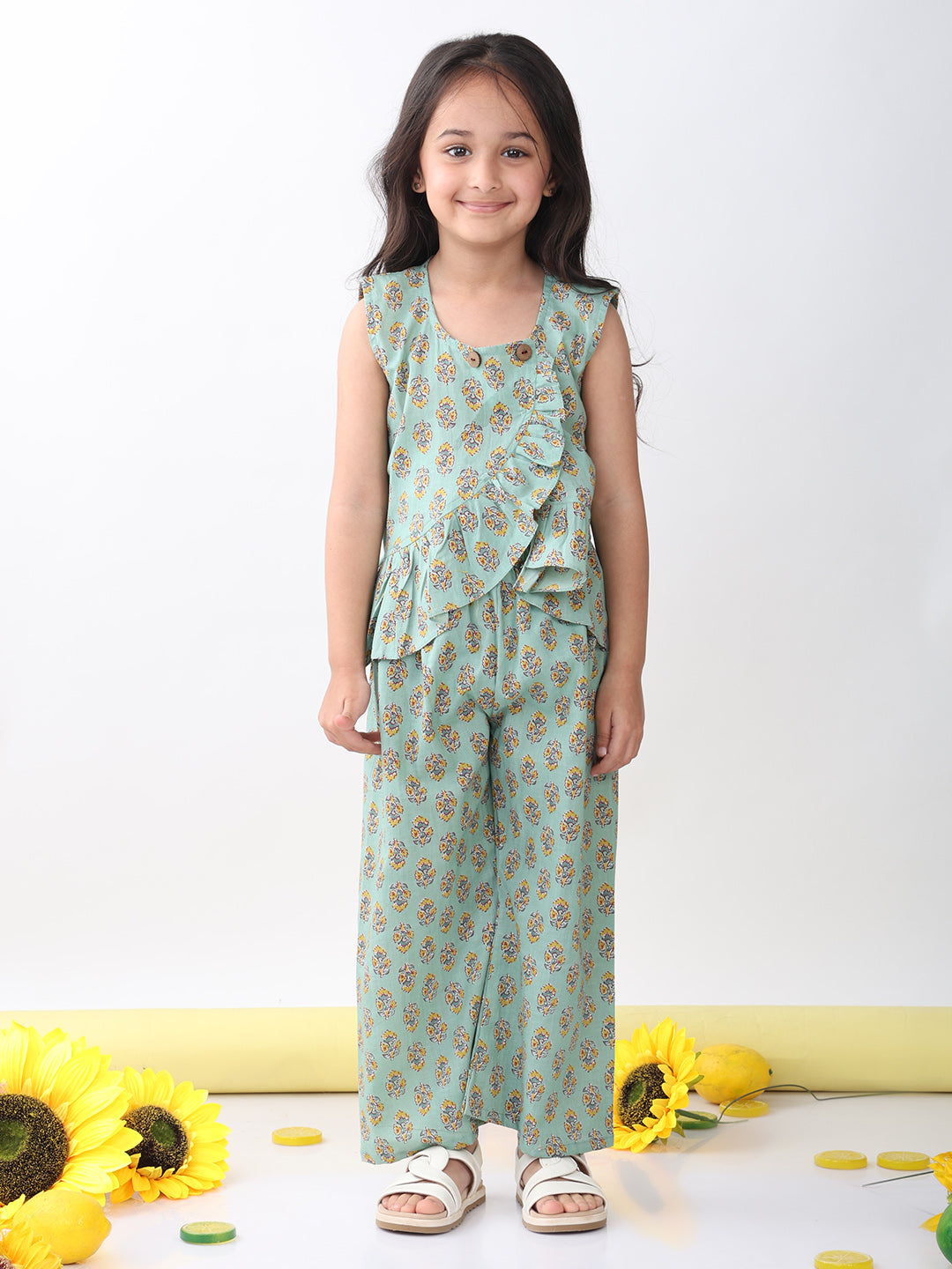 Green sleeveless floral butti printed top and pant