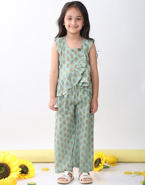 Green sleeveless floral butti printed top and pant