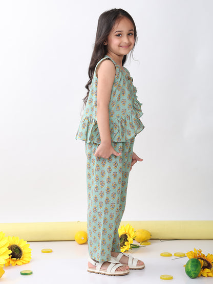 Green sleeveless floral butti printed top and pant