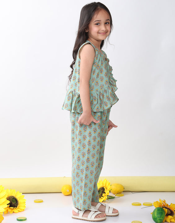 Green sleeveless floral butti printed top and pant