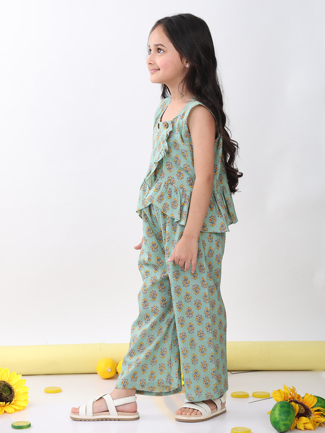 Green sleeveless floral butti printed top and pant