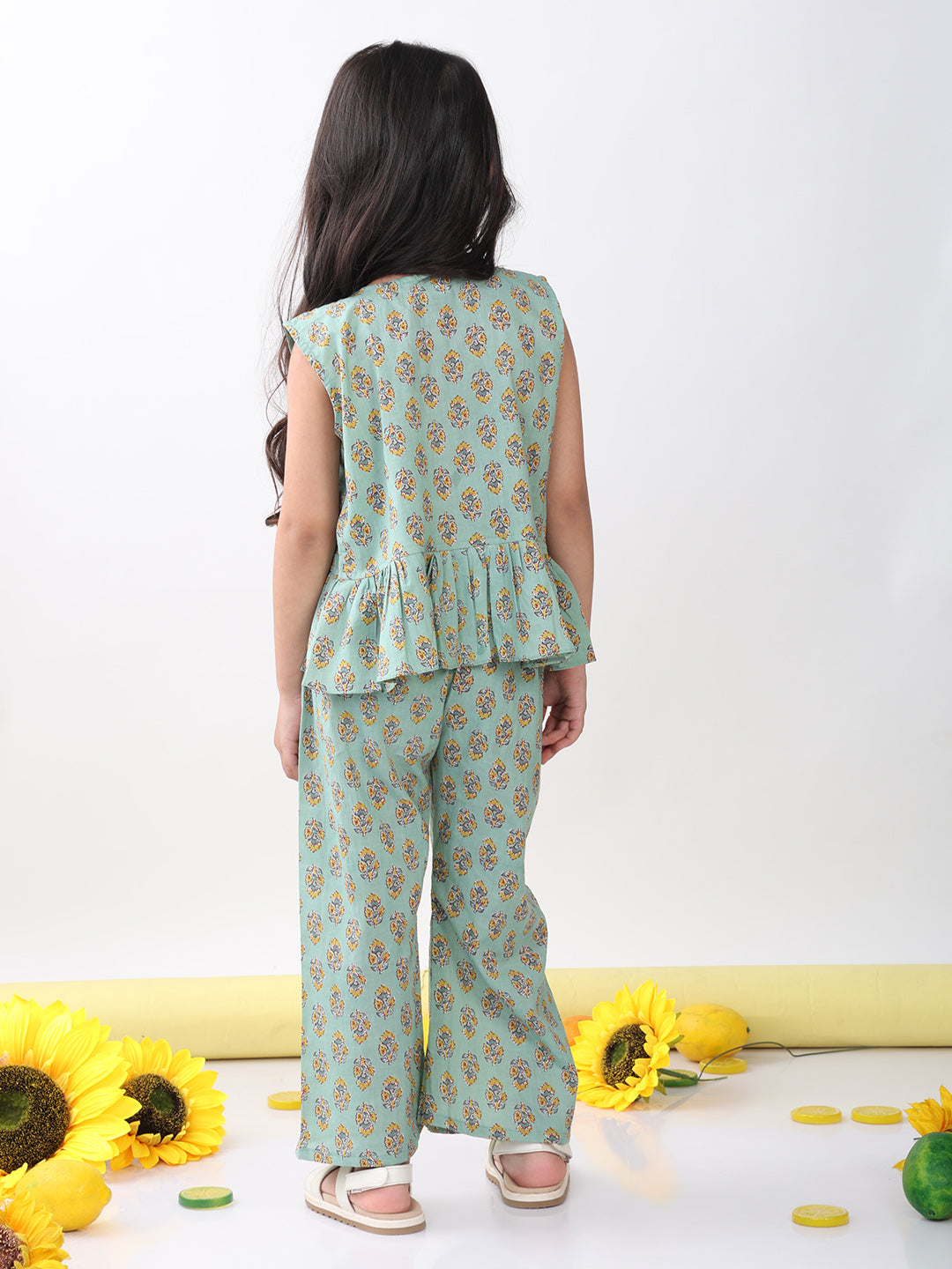 Green sleeveless floral butti printed top and pant