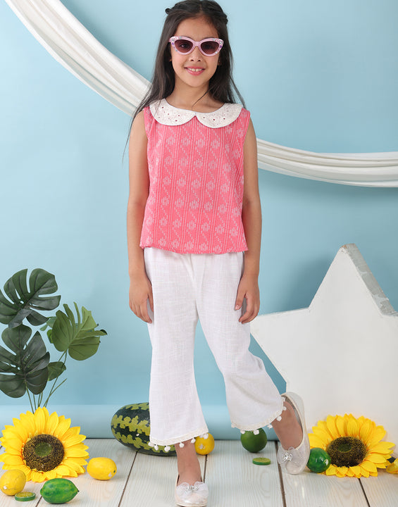 Peach sleeveless katha Top with white pant