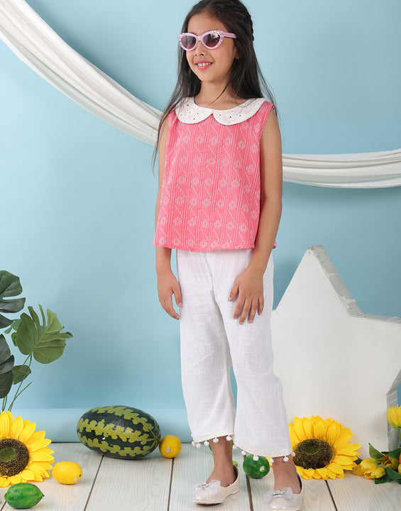Peach sleeveless katha Top with white pant