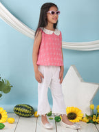 Peach sleeveless katha Top with white pant