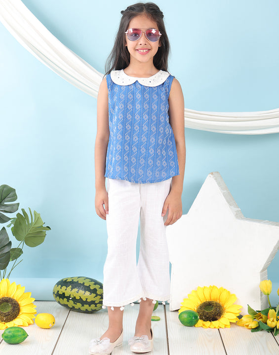 Blue sleeveless katha Top with white pant