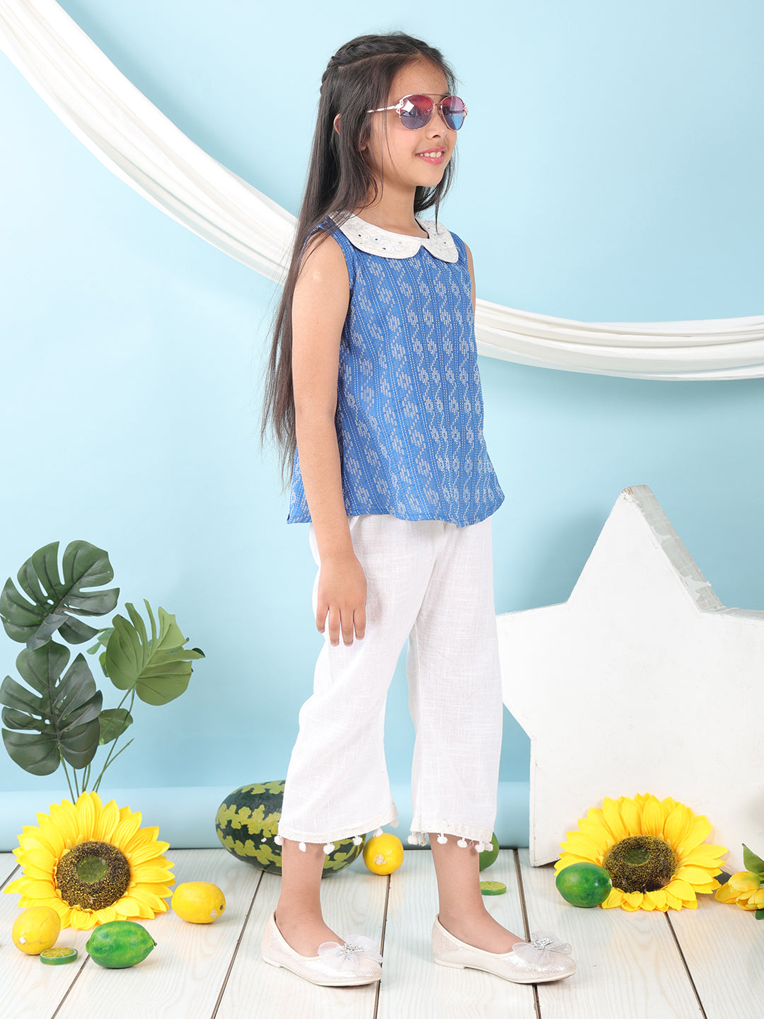 Blue sleeveless katha Top with white pant