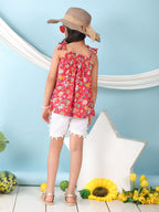 Red sleeveless Top with white short pant