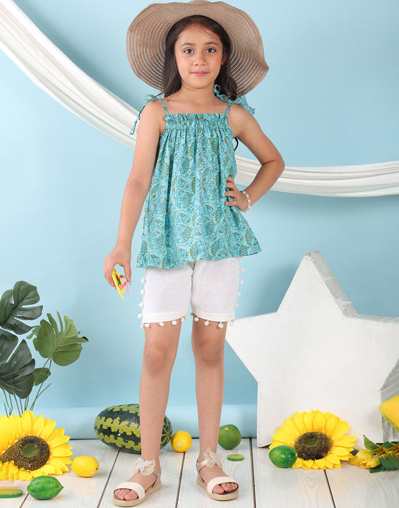 Blue sleeveless Top with white short pant