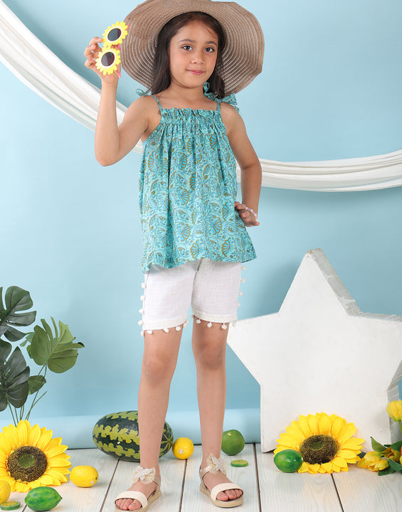 Blue sleeveless Top with white short pant