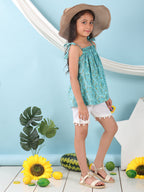 Blue sleeveless Top with white short pant