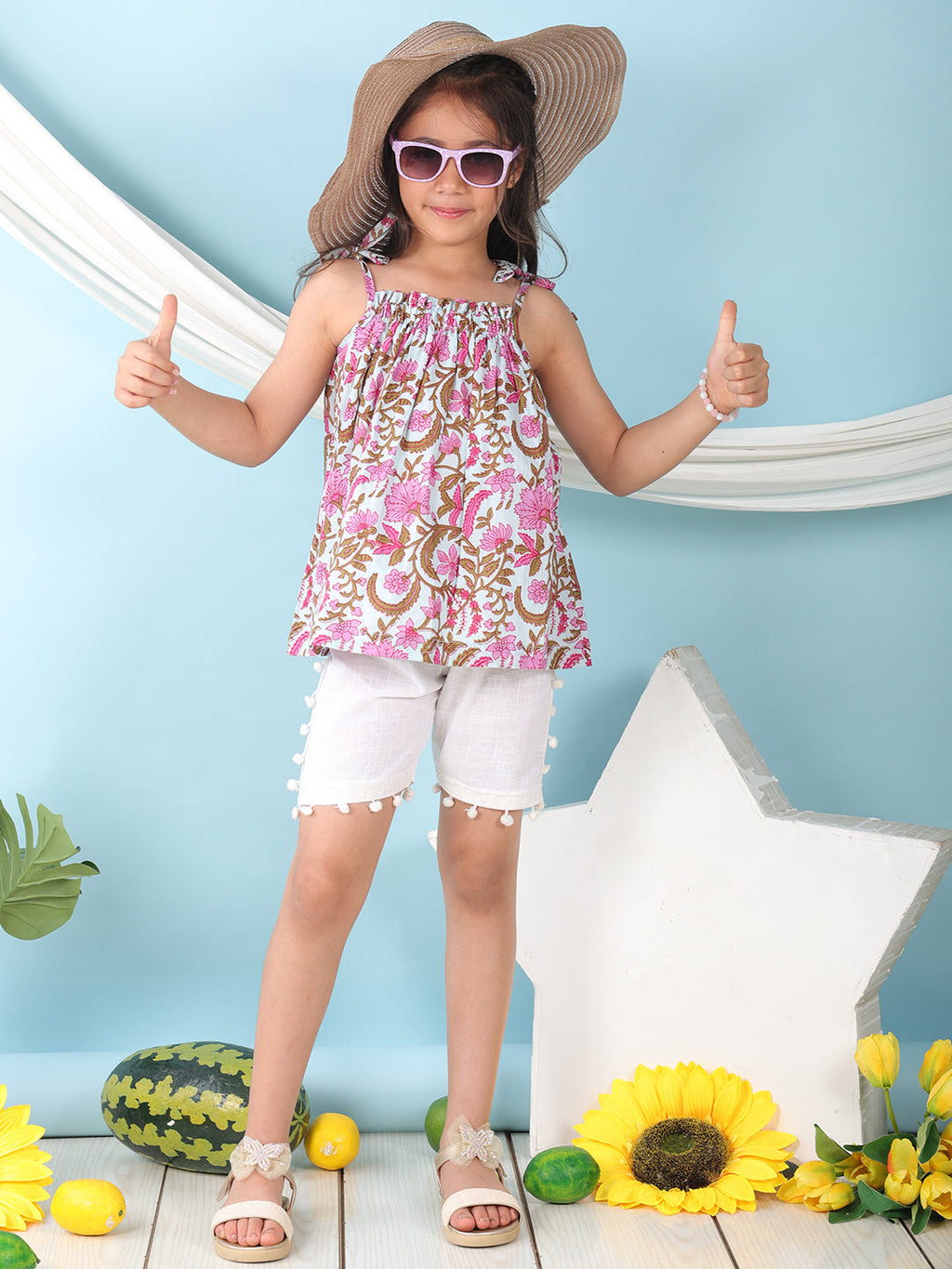 Pink sleeveless Top with white short pant