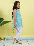 Blue Floral sleeveless kurti with white pant