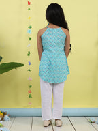Blue Floral sleeveless kurti with white pant