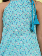 Blue Floral sleeveless kurti with white pant