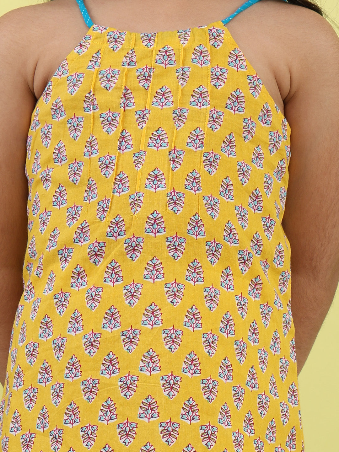 Yellow Floral sleeveless kurti with white pant