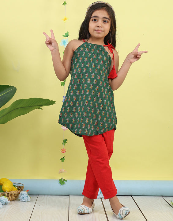 Green Floral sleeveless kurti with red pant