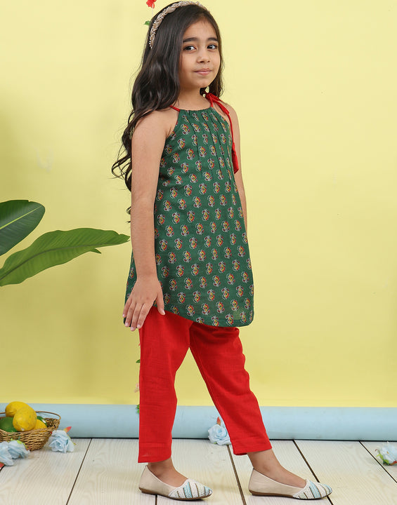 Green Floral sleeveless kurti with red pant