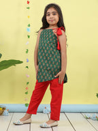 Green Floral sleeveless kurti with red pant