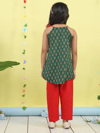 Green Floral sleeveless kurti with red pant