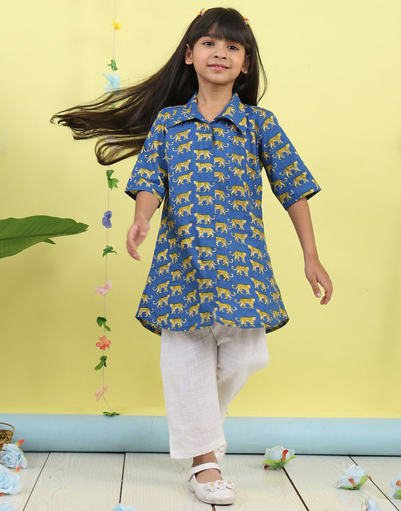 Blue cotton tiger printed 3/4 sleeves shirt paired with white pant