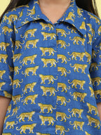 Blue cotton tiger printed 3/4 sleeves shirt paired with white pant