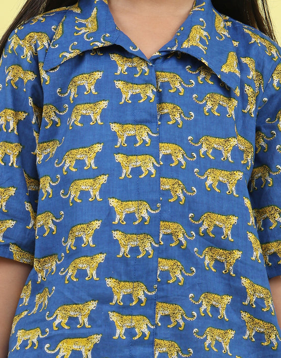 Blue cotton tiger printed 3/4 sleeves shirt paired with white pant